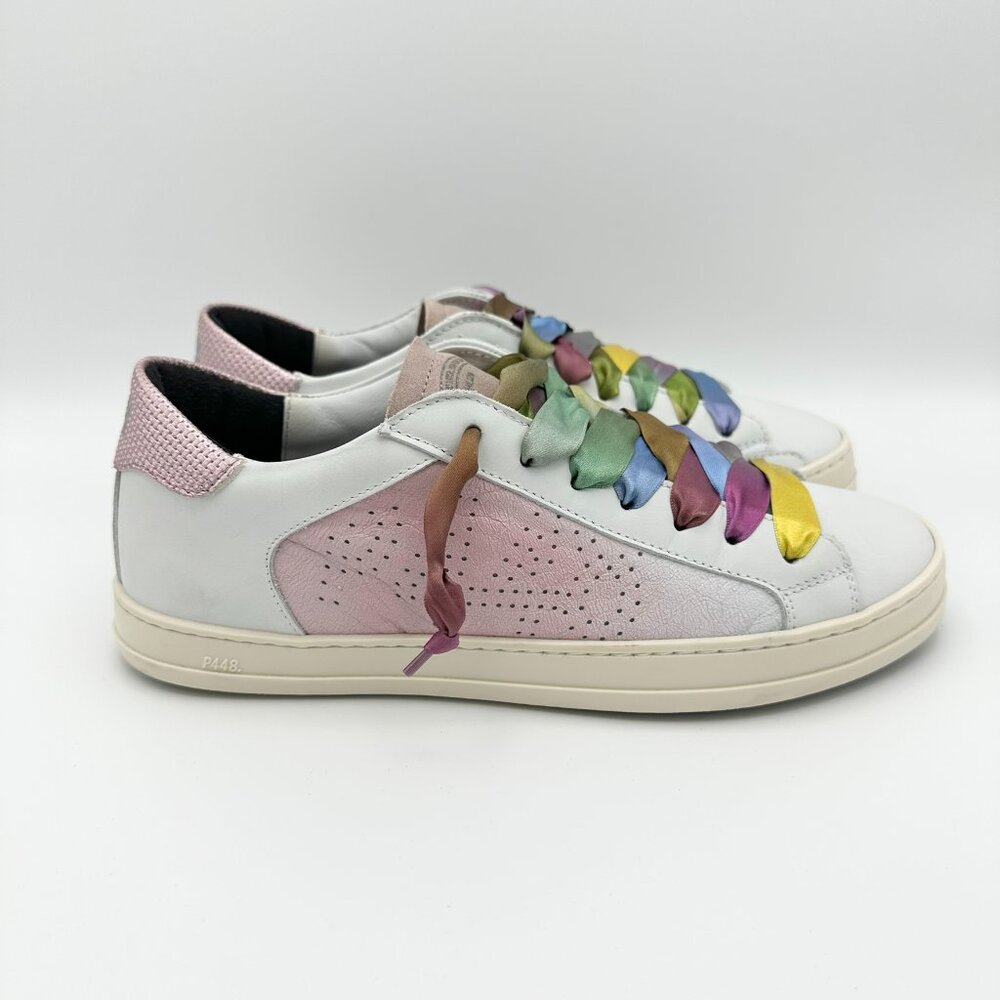 P448 White/Pink Leather John Sneaker Rainbow Ribbon Laces Women’s EU 40 …